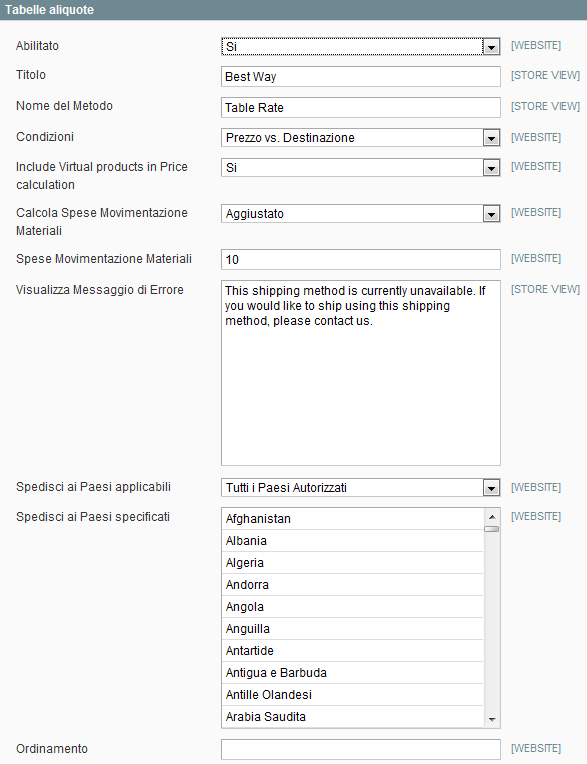 Spedizione - Tabella Aliquote Spedizione - Tabella Aliquote